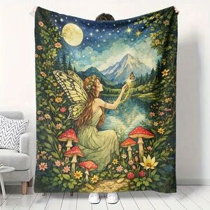Whimsical Fairy Meadow Throw Blanket - Green
